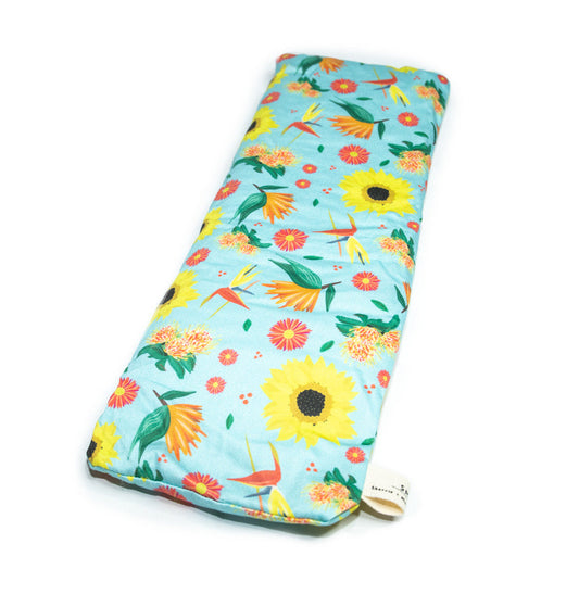 Sherrie Morgan Design Eye Pillow 'Bright and Breezy' which features sunflowers, birds of paradise and other flora. Product image.