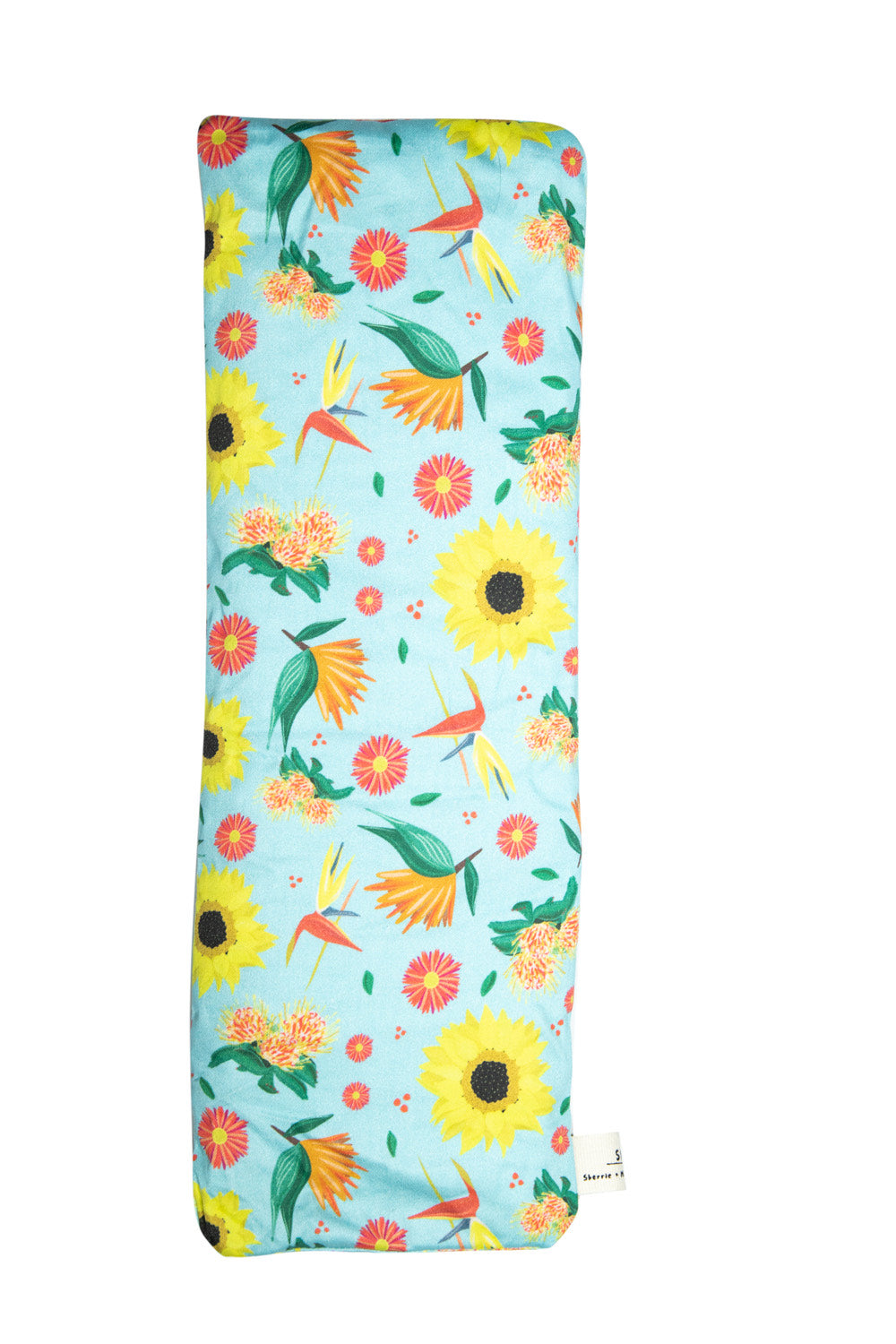 Sherrie Morgan Design wheat bag Bright and Breezy which features sunflowers, birds of paradise and other flora. Product image.