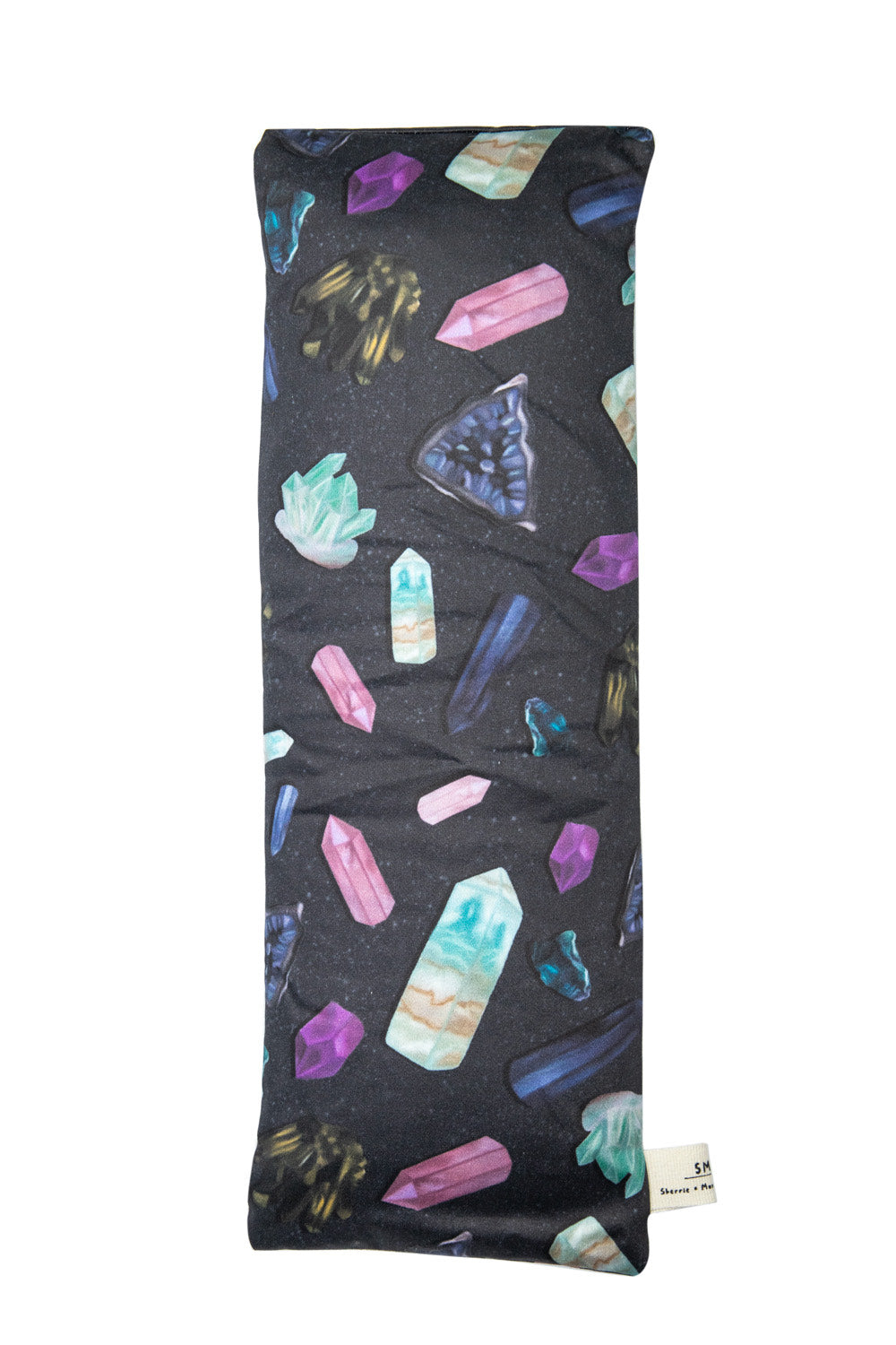 Sherrie Morgan Design relaxing eye pillow with a crystal and cosmic looking design, image of the eye pillow laid flat.