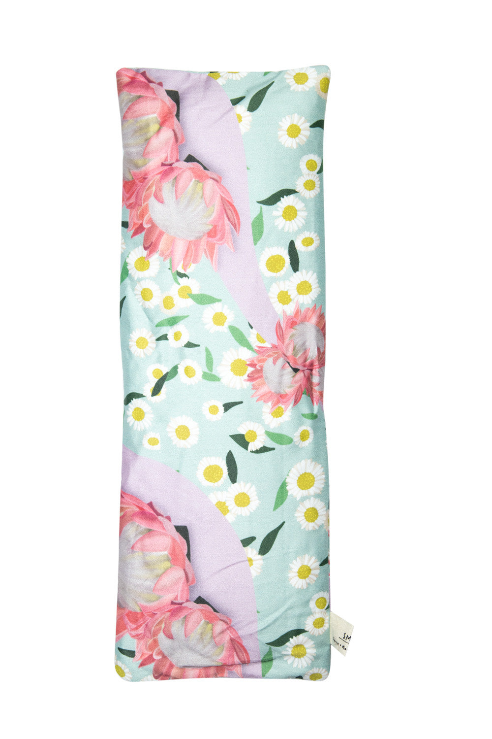 Sherrie Morgan Design relaxing eye pillow with a soft protea and daisy flower print in pink and turquoise, featured on white background