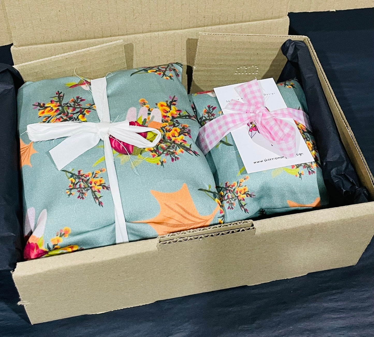 Sherrie Morgan Design 'Autumn Aussie' Australian Wheat heat & eye pillow set, the print comprises of protea flowers and Australian native flowers with orange leaves.