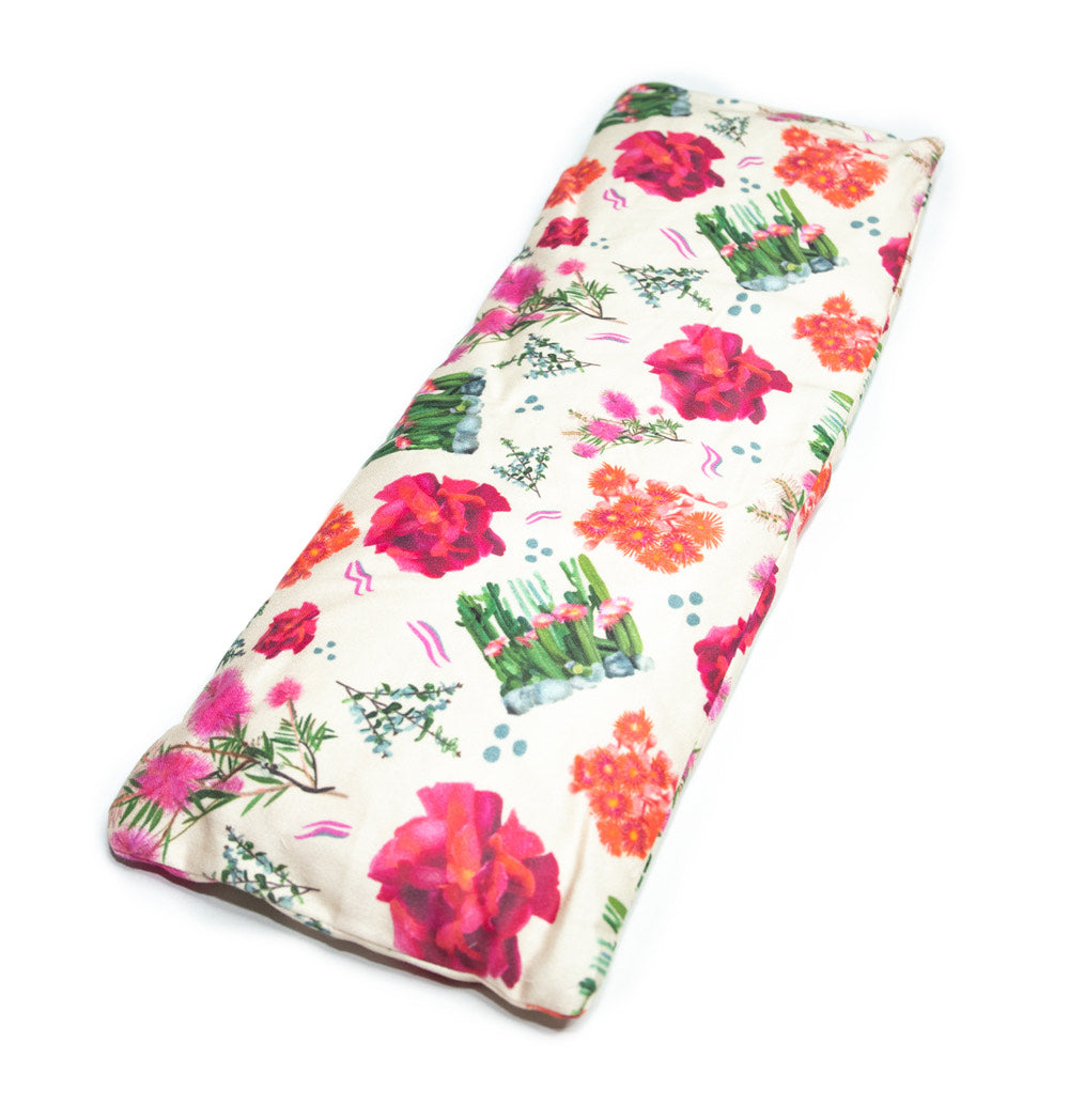 Sherrie Morgan Design relaxing wheat, heat pillow with a cactus, rose and bottlebrush flower print in pink, product image