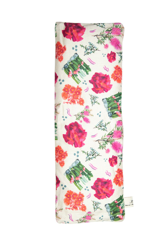 Sherrie Morgan Design relaxing eye pillow with a cactus, rose and other Australian native flowers, close up product shot