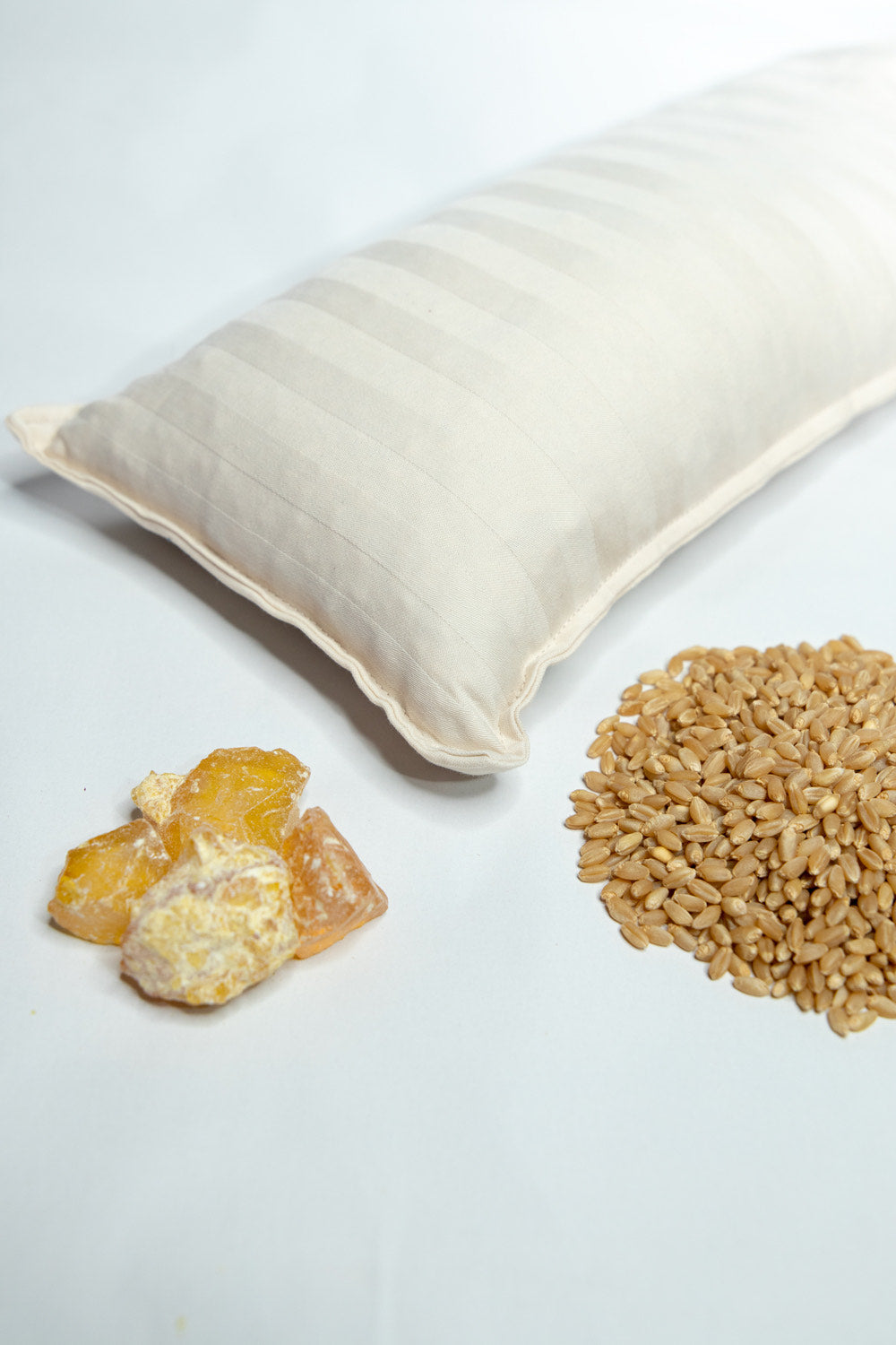 Example of the contents of the wheat bag, showing wheat grain and frankincense.