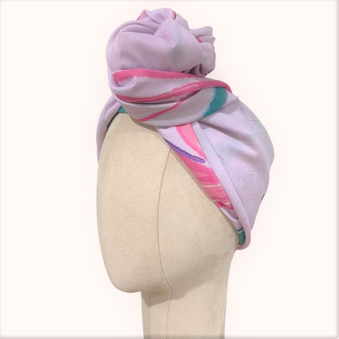 SMD original art 'Pink Lavender', pink lavender on a dusty pink base, displayed as a scarf headwrap, side view