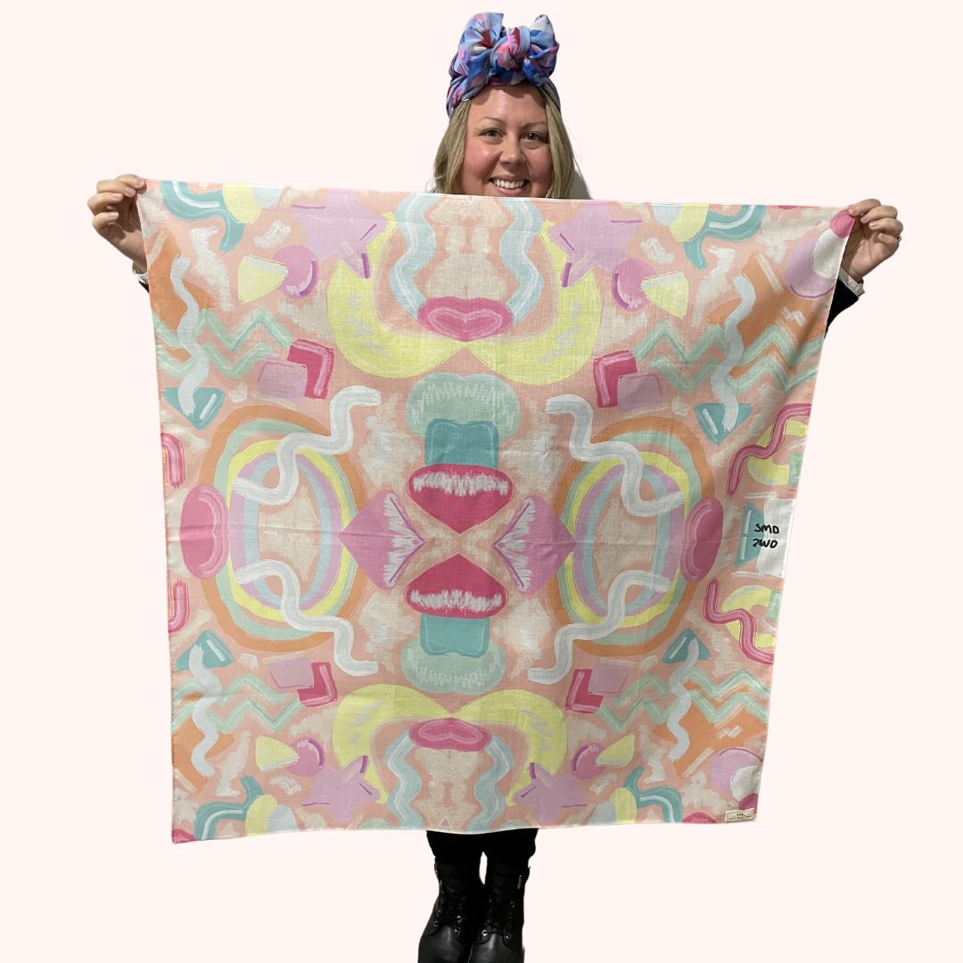 SMD original at 'why not', colourful pastel abstract shapes deisgn, displayed showing the full square scarf