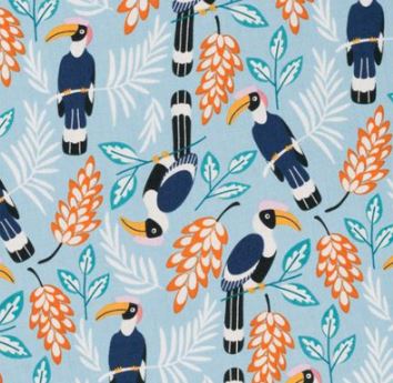 SMD scarf, toucan birds on a birght blue base, close up of fabric, print by Nerida Hansen