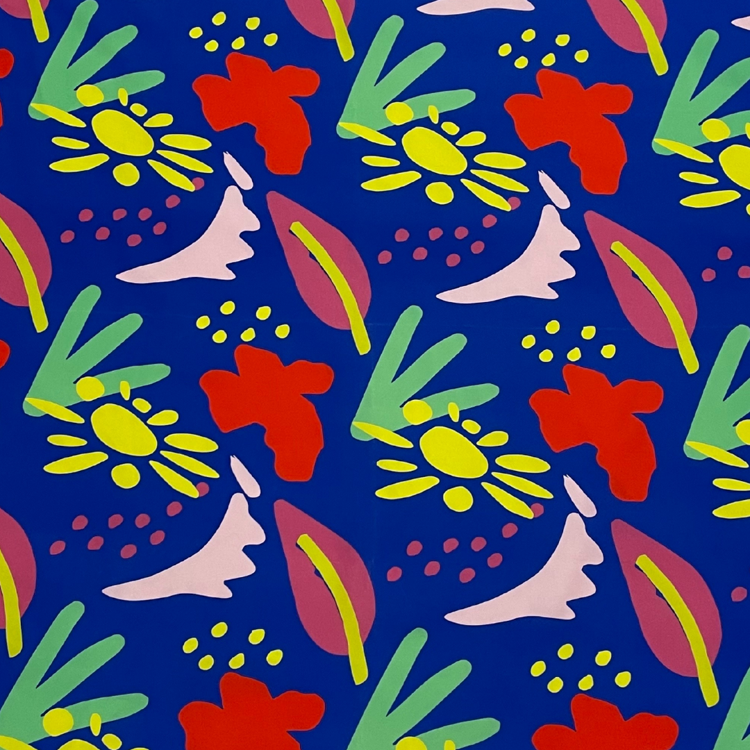 SMD scarf, Nerida Hansen print featuring large red, yellow and green sunshine and flowers on a blue base