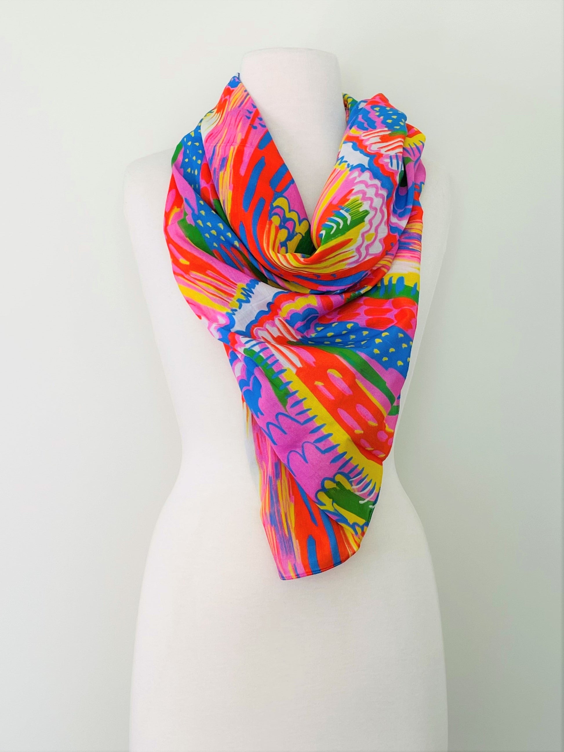 SMD scarf, bright colourful abstract lines pattern, red, yellow, blue, green, pink, shown as neck scarf, design Katie Kortman