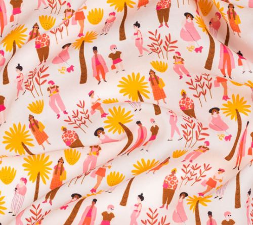 SMD scarf, white base with ladies and dogs walking in pink and yellow, Jennifer Bouron design close up