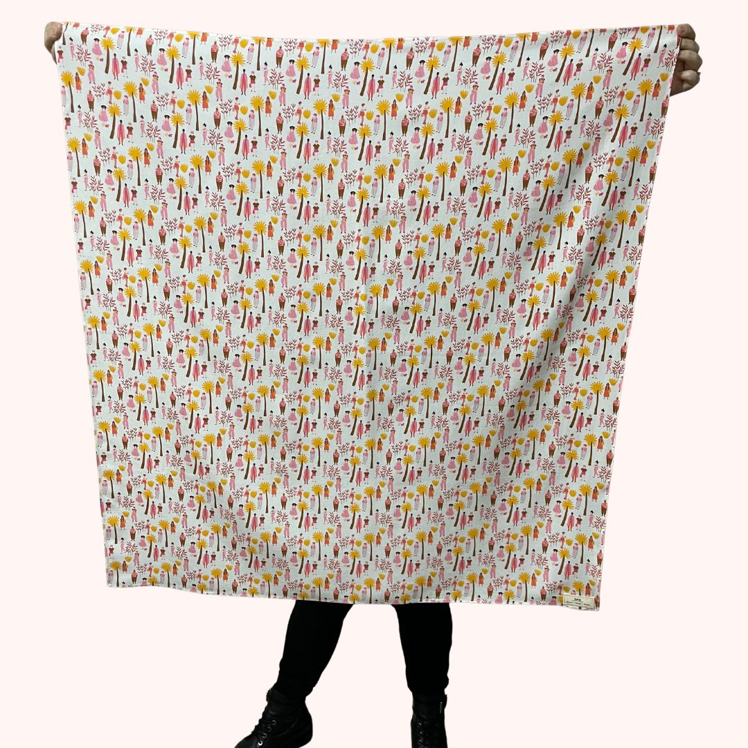 SMD scarf, white base with ladies and dogs walking in pink and yellow, full square scarf displayed