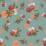 Sherrie Morgan Design, original art 'Autumn Aussie' protea and banksia flowers on a teal blue background.