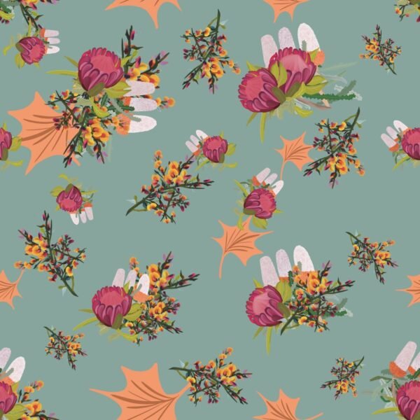 Sherrie Morgan Design, original art 'Autumn Aussie' protea and banksia flowers on a teal blue background.