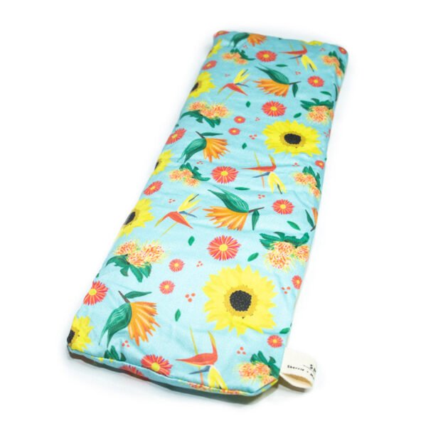 Sherrie Morgan Design Eye Pillow 'Bright and Breezy' which features sunflowers, birds of paradise and other flora. Product image.