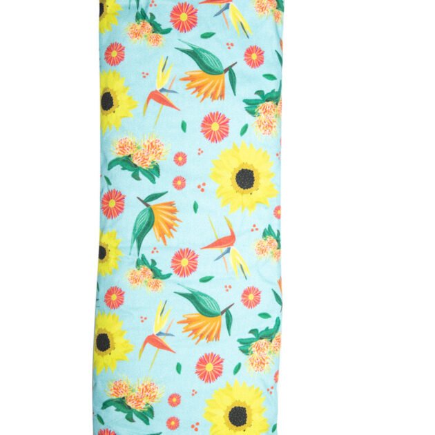 Sherrie Morgan Design wheat bag Bright and Breezy which features sunflowers, birds of paradise and other flora. Product image.