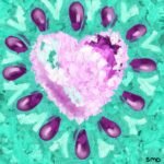SMD original art comprising of a large purple heart splashing into turquoise waters