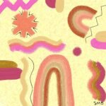 Original Sherrie Morgan design 'Desert Rainbow', comprises a yellow setting with rainbows and shapes in brown, pink and orange.