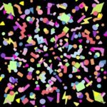 smd orginal 'party popper' scarf, black base with bright colourful shapes resembling confetti