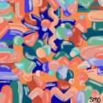 SMD original art 'Party time', vivid orange, blue and green shapes resemble party confetti.