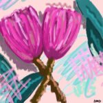 SMD original art 'Pinky Pair' two large pink protea flowers on a pink base with grafitti.