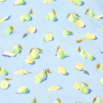 SMD scarf, design by Margaret Jeane,  pears on blue base.