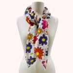 SMD Original art 'Brightside', retro floral print in pink, purple, yellow and white, displayed as a neck scarf