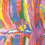 SMD scarf, bright colourful abstract lines pattern, red, yellow, blue, green, pink, close up of fabric and design, design Katie Kortman