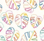 SMD scarf, colourful monstera leaves on a white base, close up of fabric print by Brook Gossen