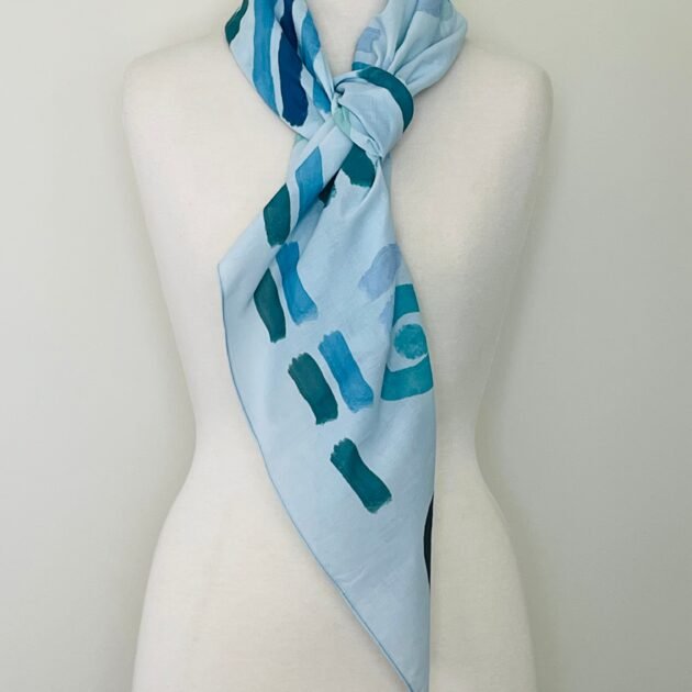 Sherrie Morgan original art neckscarf. Baby blue base colour and abstract sea design