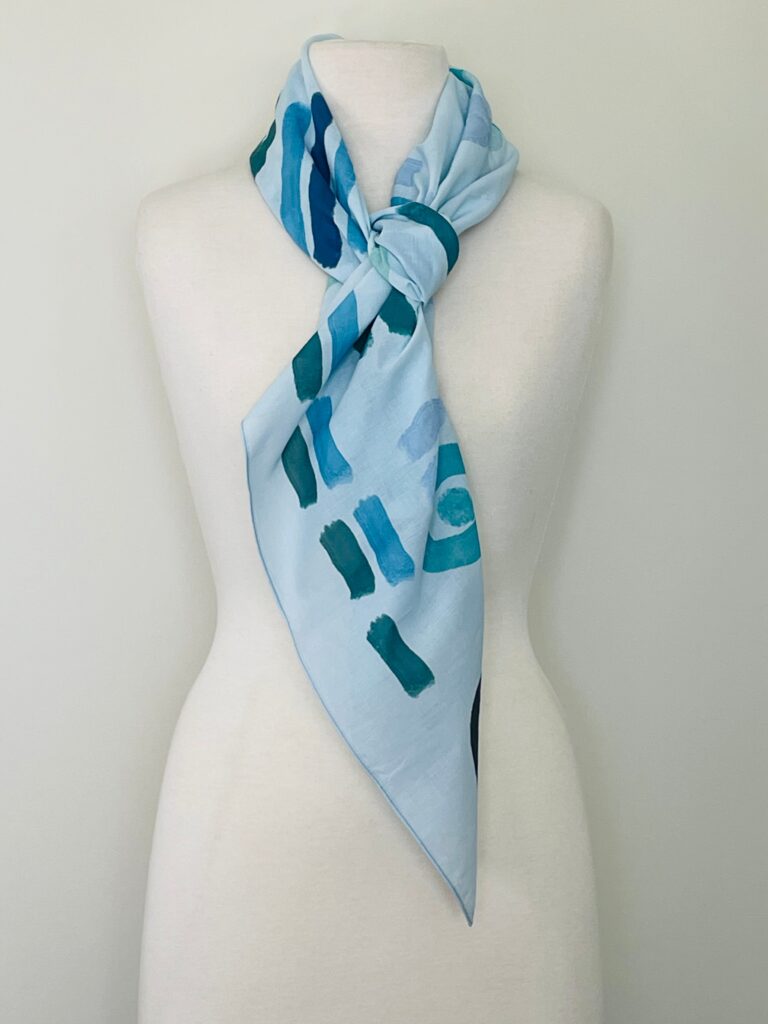 Sherrie Morgan original art neckscarf. Baby blue base colour and abstract sea design
