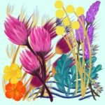 SMD original 'Floral Frenzy', features multi coloured flowers including protea, lavneder and billy button on a light blue base, scarf