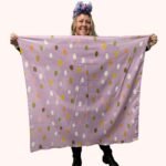 SMD, Lilac base with white, orange and brown coloured spots, full square scarf displayed