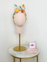 SMD, Pastel floral design, multicoloured, displayed as a headscarf in a large bow, front view, pictured with SMD plaque