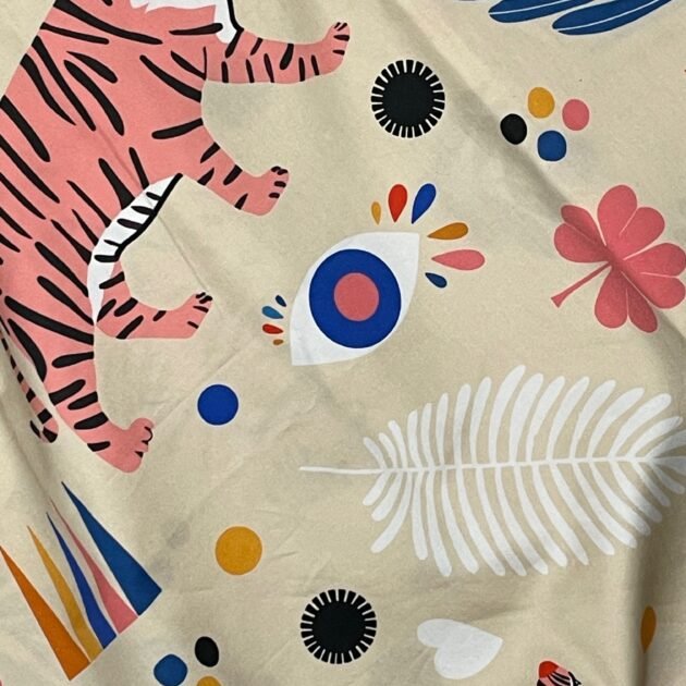 SMD scarf, pink tiger print with ferns and eyes, close up of fabric and design by lisa congdon