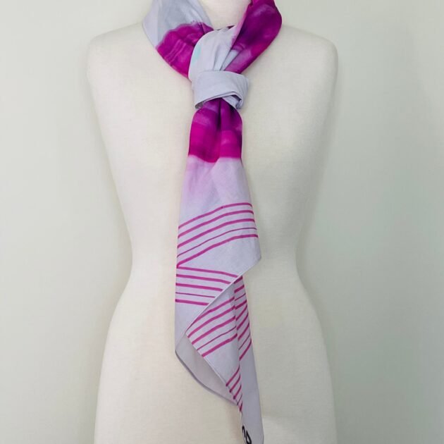 SMD original art 'Protea Party' four pink proteas on a light pink polka dot background, displayed as a neck scarf