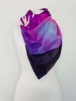 SMD original art 'Protea Party Day', 2 proud purple proteas and purple heart flowers sat in a dark purple frame, shown as a neck scarf