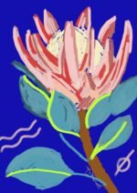SMD original art 'Protea Multiplied', large pink king protea on a marine blue base.