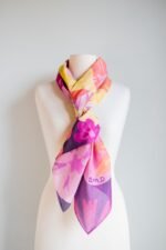 SMD original art 'Retro Floral Pink',  pink, purple and orange floral design, displayed as a neck scarf