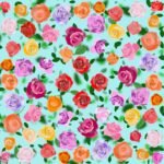 SMD original art 'Rose Garden', baby blue base colour with multi coloured roses on cotton lawn. Original art
