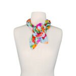 SMD original art 'Rose Garden', baby blue base colour with multi coloured roses on cotton lawn. Displayed as a twisted headscarf. front view