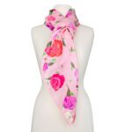SMD original at 'Roses on Blush', light pink background with pink, red and purple roses. Displayed as a neck scarf.